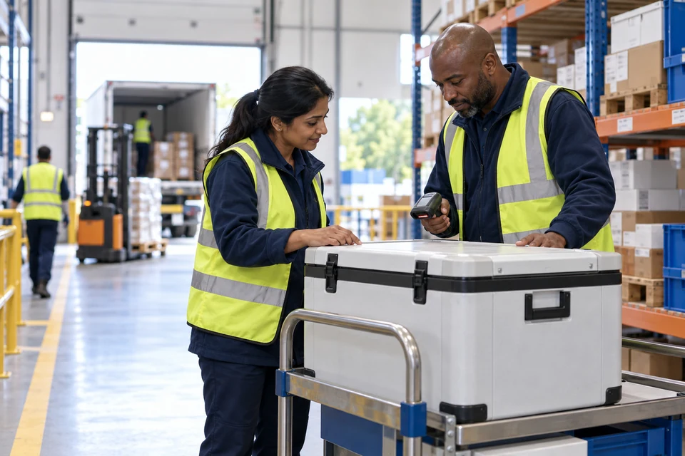 Illustrative medicines logistics scene with two people checking a transport container.