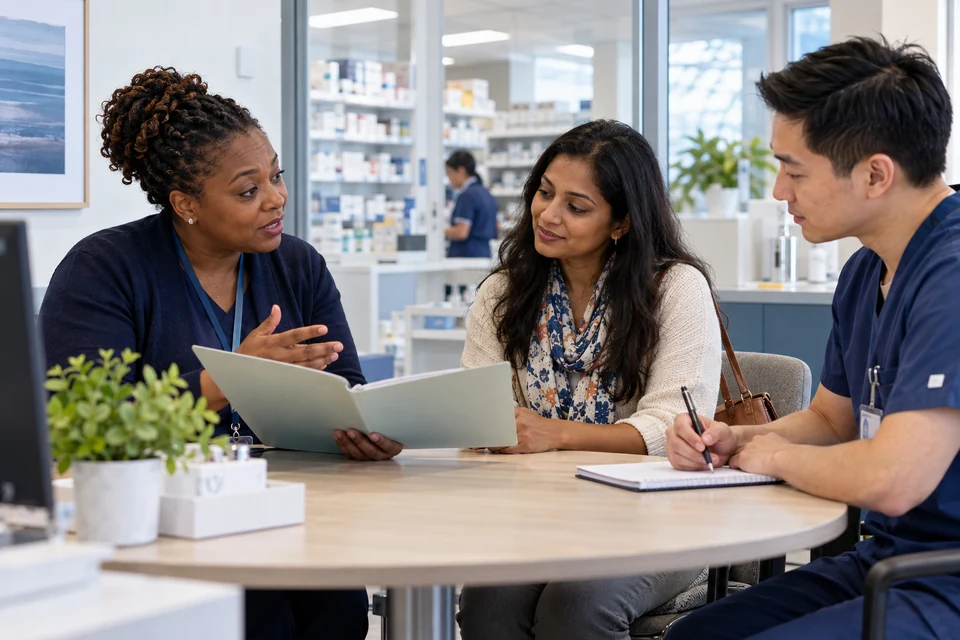 Illustrative pharmacy conversation around a laptop.
