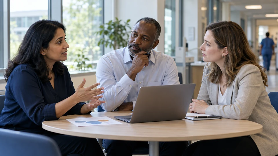 Illustrative scene of three professionals discussing evidence planning around a laptop.